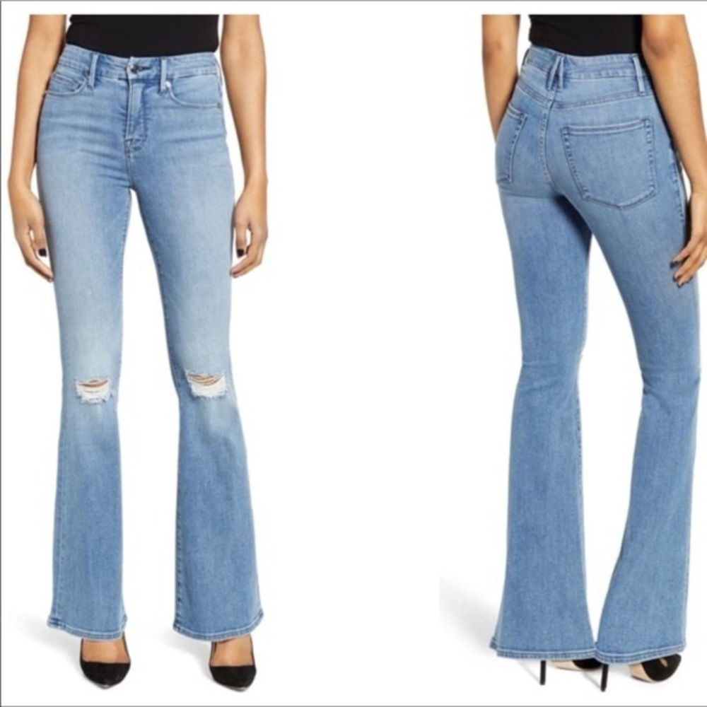 Good American Light Blue Distressed Flare Jeans